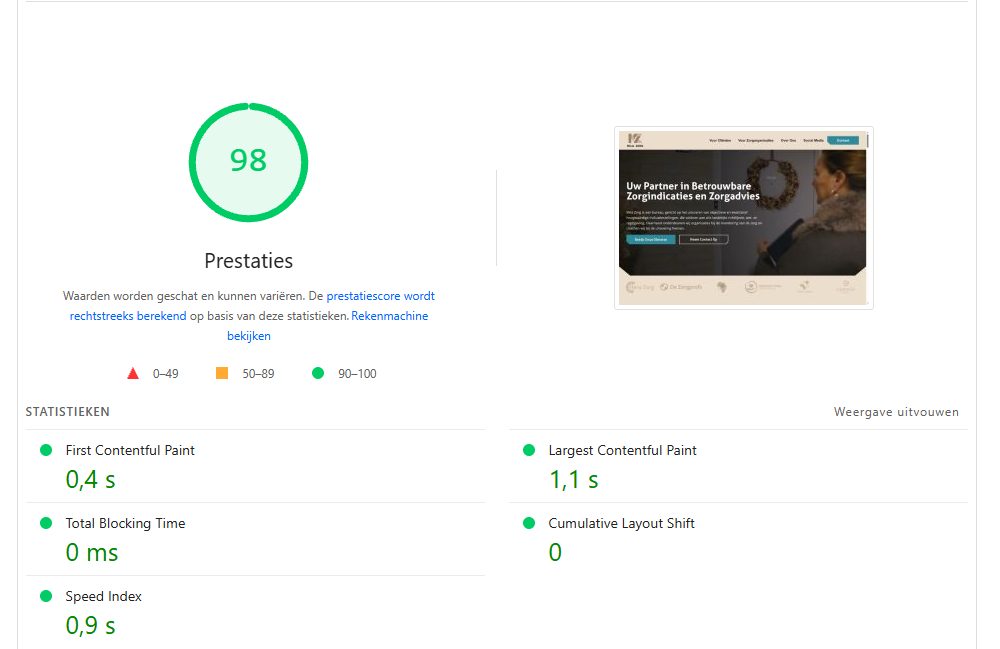 PageSpeed-score van 98 voor een opgeleverde website